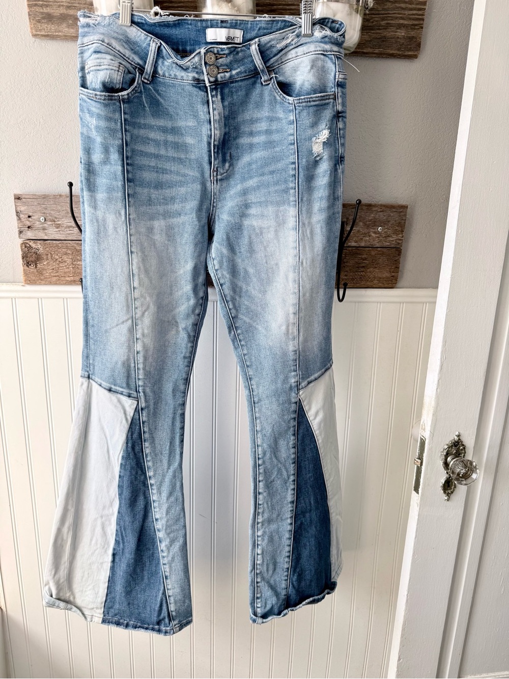 Two-Tone Light Blue Flare Jeans with Panel Detail